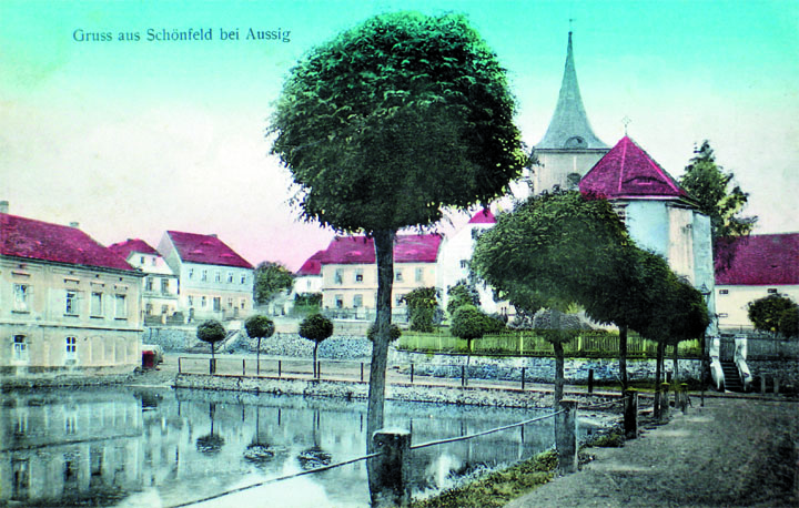 Zaniklá obec Tuchomyšl, kolorovaná pohlednice, sbírky MMUL