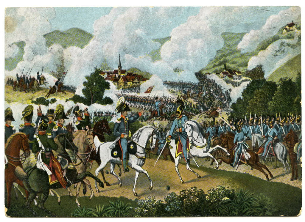Scéna z bitvy u Chlumce 1813, pohlednice, sbírky MMUL