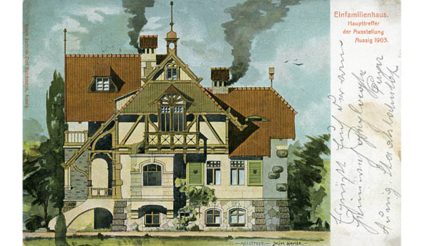 Rodinný dům architekta Julia Hausera, pohlednice vydaná Karlem Reichmannem v Ústí nad Labem, 1903, sbírky MMUL